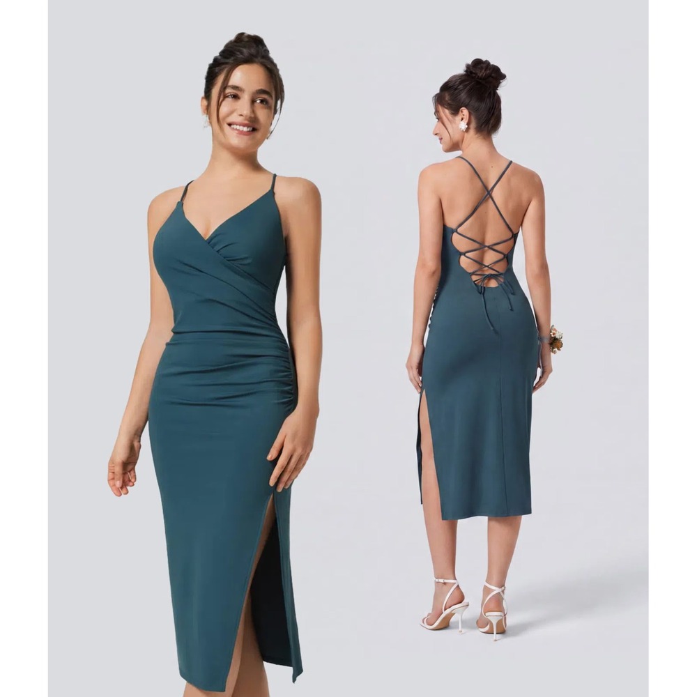 Halara SoftlyZero Crossover Ruched Lace Up Bodycon InstantCool Dress XS Teal